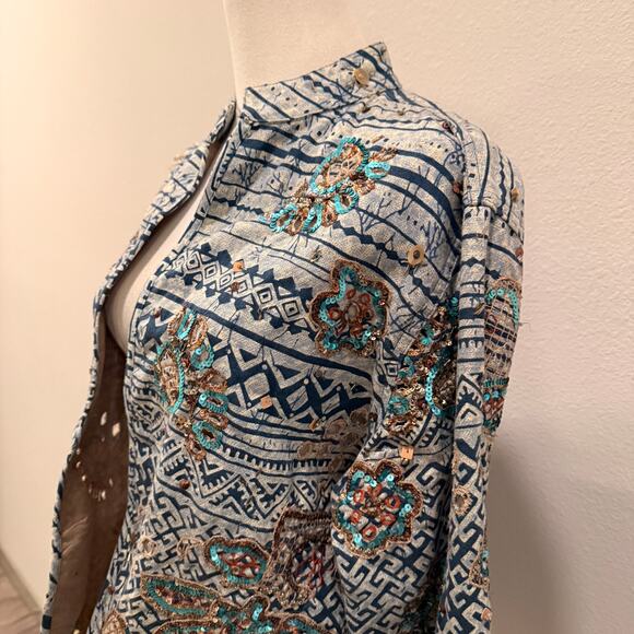 Chico’s Embroidered Sequin Jacket Blue Boho Tribal Linen Cotton Women 2 Large - Picture 3 of 8